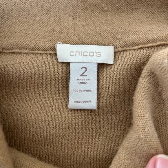 Chicos Cardigan Single Button Jacket 100% Wool SZL Camel Open Front Shawl Neck - Picture 6 of 11
